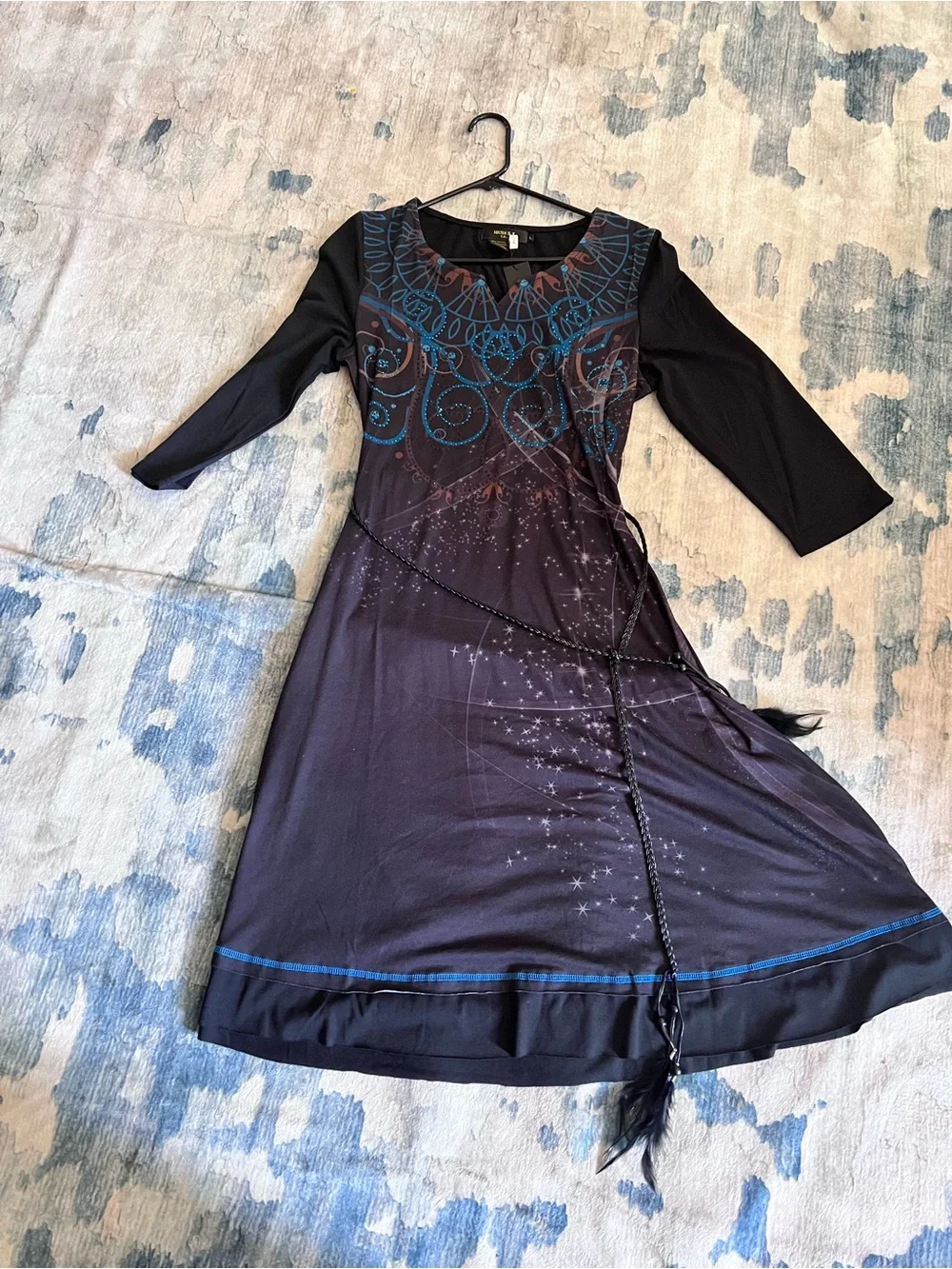 MK Black Blue Abstract Print Long Sleeve Midi Dress Artistic Boho Style